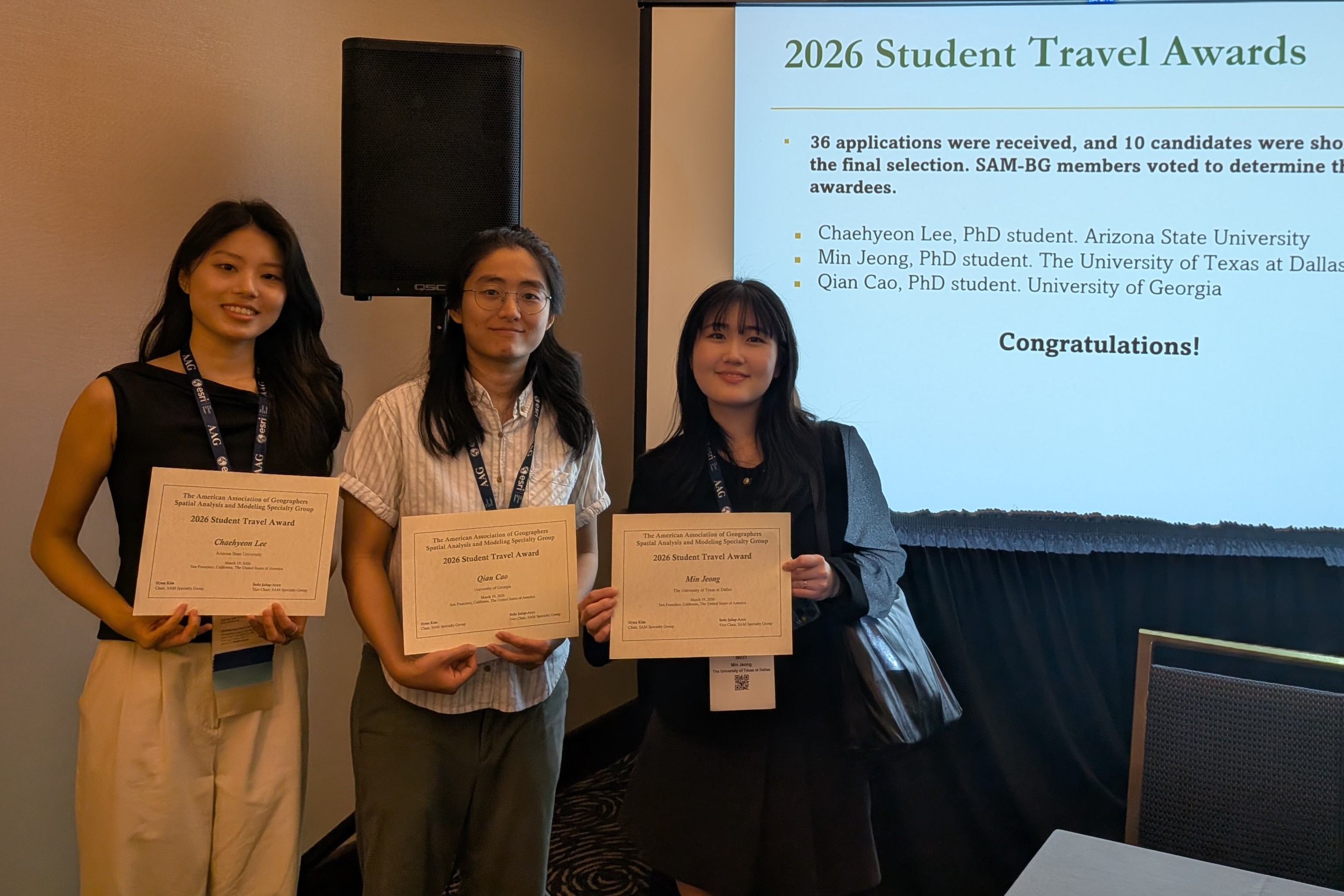 An image of the Student Travel Awardees from left to right: Chehyeon Lee, Qian Cao, & Min Jeong.